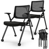 FYLICA Foldable Office Chair Set of 2 with PU Wheels Ergonomic Mesh Bouncing Back, Stackable Conference Room Chair, Office Guest & Reception & Meeting Chair (Black) FYLICA