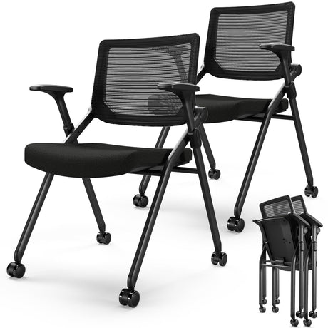 FYLICA Foldable Office Chair Set of 2 with PU Wheels Ergonomic Mesh Bouncing Back, Stackable Conference Room Chair, Office Guest & Reception & Meeting Chair (Black) FYLICA