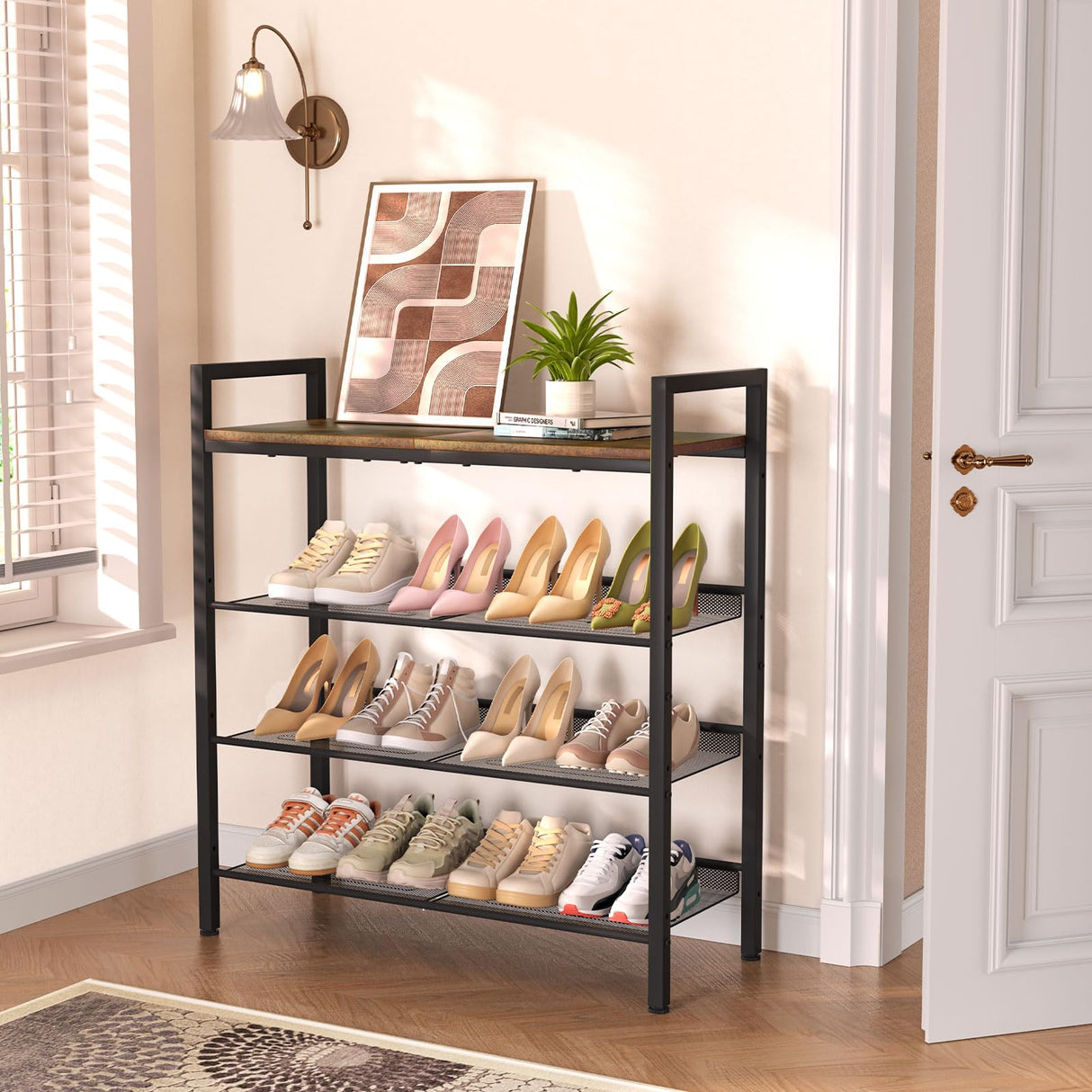WIN4ALL Shoe Rack for Front Door Entrance, 4 Tier Shoe Rack for Entryway, 12-16 Pairs of Shoes, Metal Shoe Rack Organizer, Free Standing Shoe Rack for Closet (Black+Rustic Brown) WIN4ALL