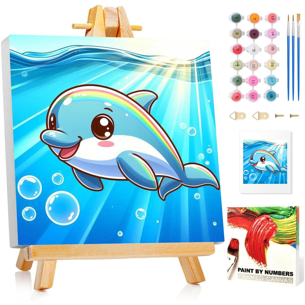 Reivworl Paint by Numbers Kit for Kids with Frame and Easel, Dolphin Paint by Number Kids Age 5-8-12, Paint by Numbers Gifts and Home Decor (8X8 Inch) Reivworl