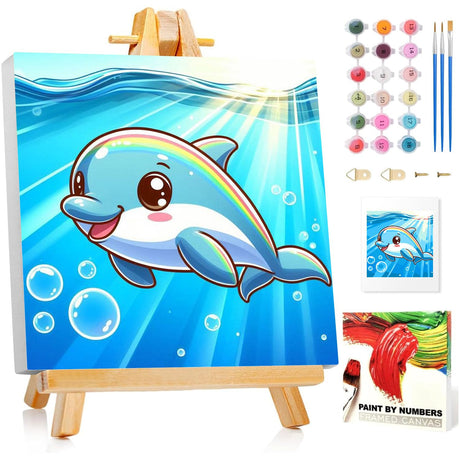 Reivworl Paint by Numbers Kit for Kids with Frame and Easel, Dolphin Paint by Number Kids Age 5-8-12, Paint by Numbers Gifts and Home Decor (8X8 Inch) Reivworl