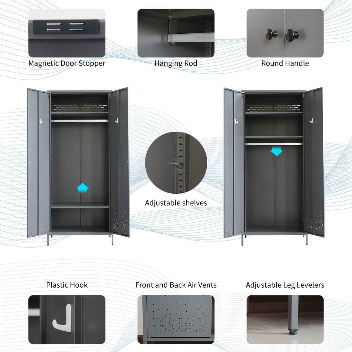 YEEZER Metal Armoire Wardrobe Closet Cabinet for Hanging Clothes with Lock Doors, -74" Steel Lockable Wardrobe Storage Locker Clothes Organizer for Bedroom, Laundry Room (Dark Gray) YEEZER