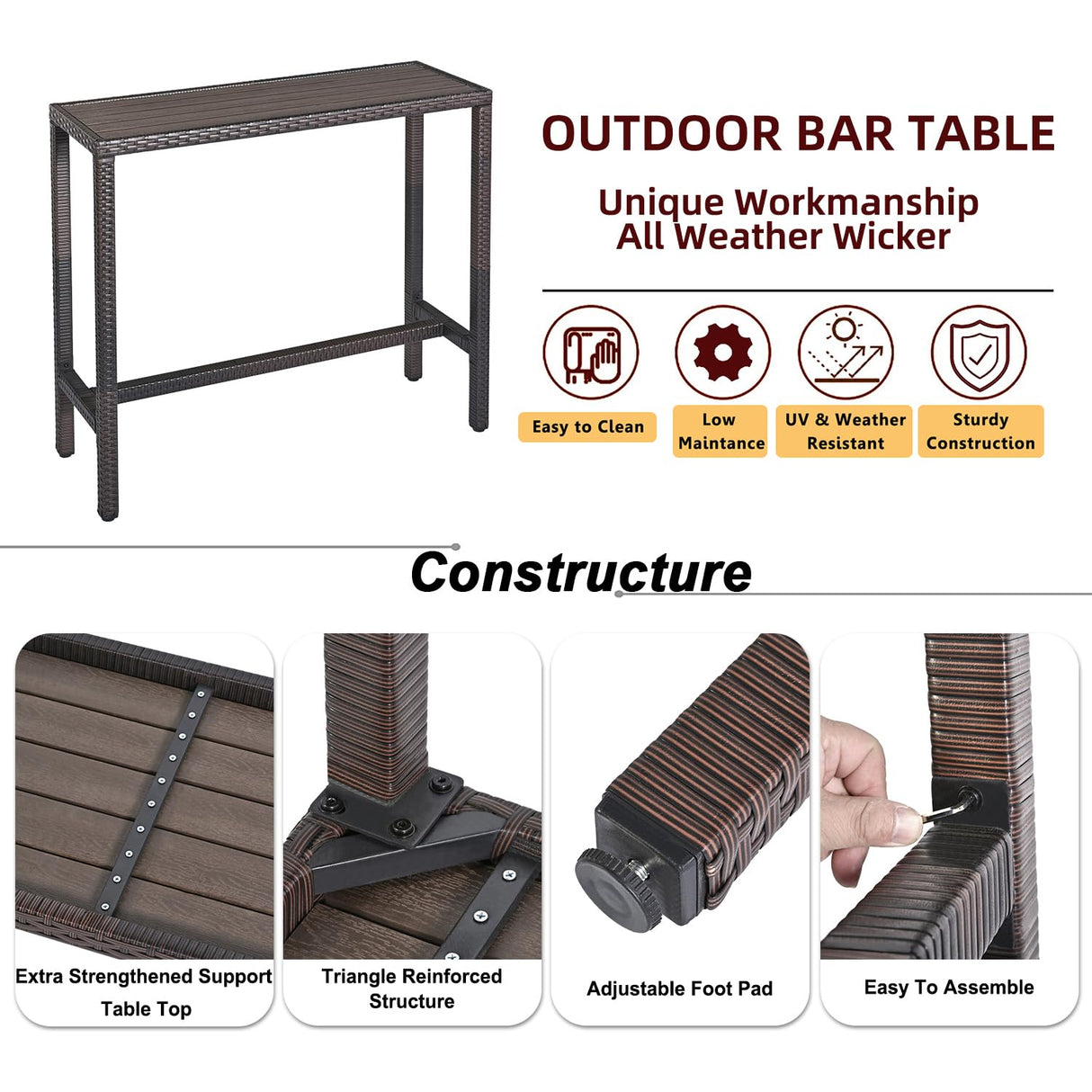 Outdoor Bar Table Patio Counter Height Table 45" Long Wicker High Top Pub Table Tall Console Table Rectangle Narrow with Adjustable Feet for Hot Tub Balcony Garden Outside Pool Deck Backyard Brown Patio Novagarden