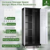 Broom Closet Storage Cabinet with Wheels and Pegboard, Metal Garage Storage Cabinet with Magnetic Doors,Adjustable Shelves for Garage Home Office,Required Assembly,Black and White,71"H×15.75"D×31.5"W Reemoon