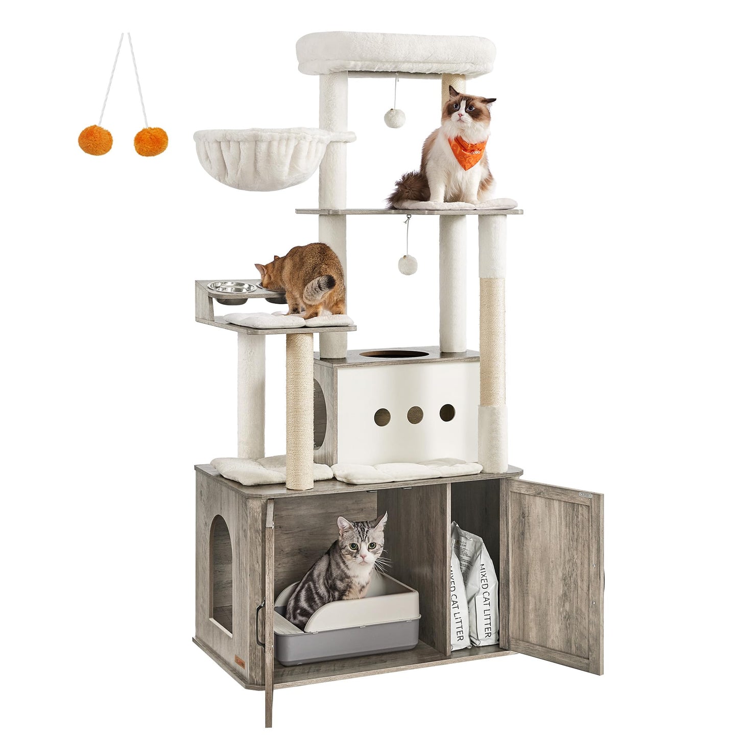 Feandrea Cat Tree, 66.9-Inch Cat Tower with Litter Box Enclosure, Large Cat Condo with Food Station, Storage, Scratching Posts, Cat Cave, Hammock, Washable Cushions, Heather Greige UPCT169K02