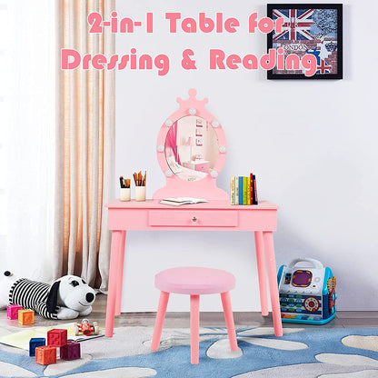 Vabches Kids Makeup Vanity with Lights and Mirror,Little Girl Vanity Table and Chair Set,Cute and Sturdy,Pink