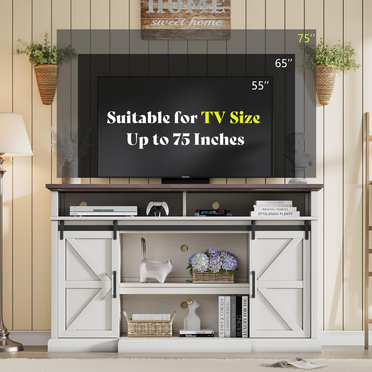 LUXOAK 66" Farmhouse TV Stand for 75 Inch TVs, 40" Tall Entertainment Centere with Sliding Barn Doors, Rustic Media Console Table Storage Cabinet with Adjustable Shelves, Living Room, Antique White LUXOAK