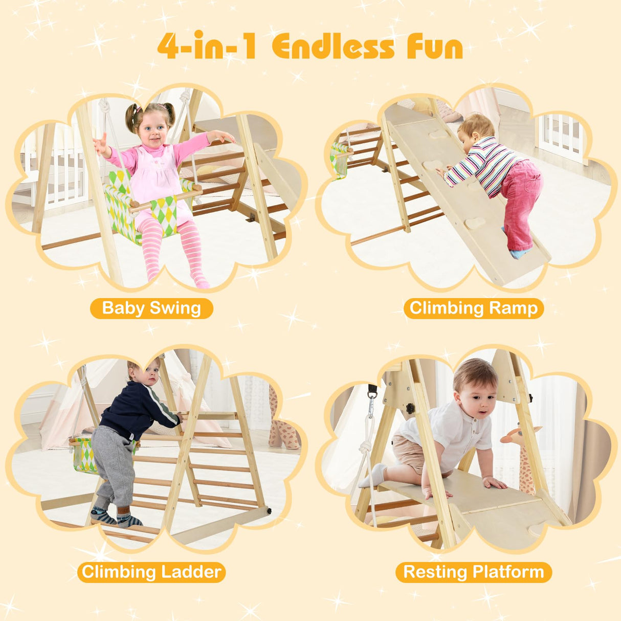 HONEY JOY Kids Indoor Jungle Gym, 4-in-1 Toddler Climbing Toy w/Baby Swing, Climber, Ladder, Climbing Ramp, Resting Platform, Wooden Montessori Playground Playset for Kids Aged 1+ (Natural) HONEY JOY