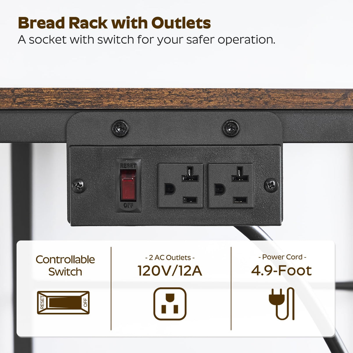 YATINEY Bakers Rack with Power Outlets, 4 Tier Microwave Stand, Coffee Bar Station with 6 S-Shaped Hooks, X-Shaped Back Support, for Kitchen, Dining Room, Living Room, Rustic Brown and Black HB21BR YATINEY