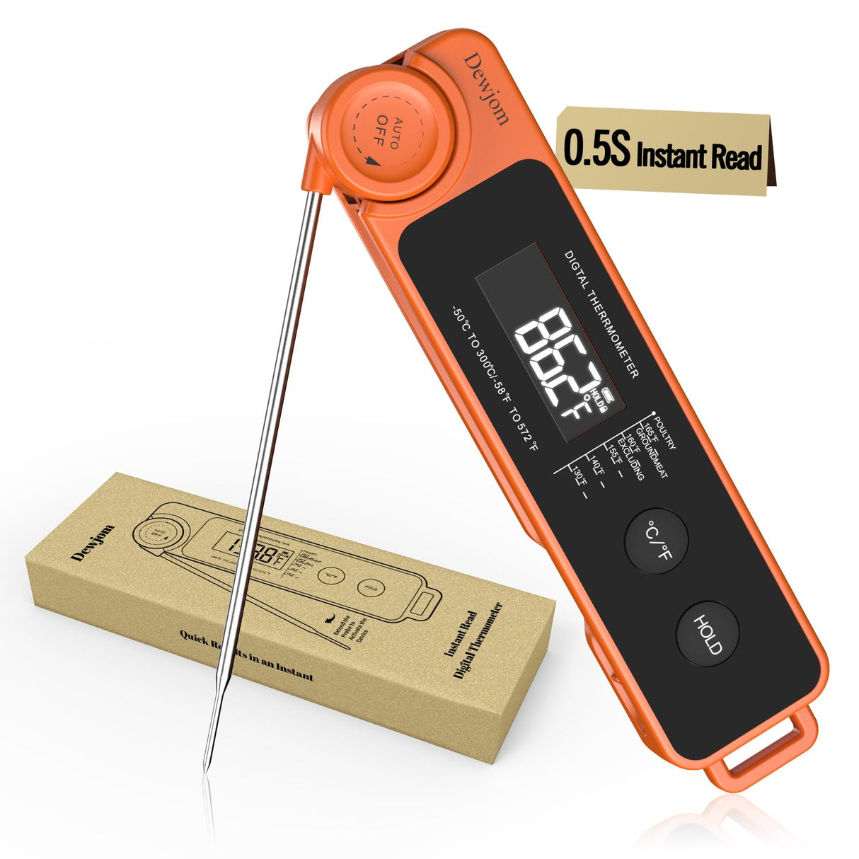 0.5 Sec Instant Read Meat Thermometer for Cooking, Ultra-Fast Digital Food Thermometer with Backlight, ±0.5°F Accuracy, IP67 Waterproof，Auto-Rotate/On/Off–Perfect for Grilling, BBQ, Smoker-Tangerine Dewjom