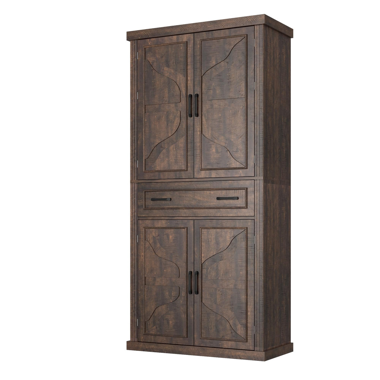 71" Tall Kitchen Pantry Cabinet with Doors and Drawer, Farmhouse Storage Cabinet with Adjustable Shelves, Rustic Wood Cupboard for Kitchen, Dining Room, Living Room, Brown chartustriable