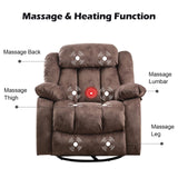 CANMOV Massage Rocker Recliner with Heat and Vibration, 360 Degree Swivel Manual Antiskid Fabric Single Sofa Heavy Duty Reclining Chair for Living Room, Dark Brown CANMOV
