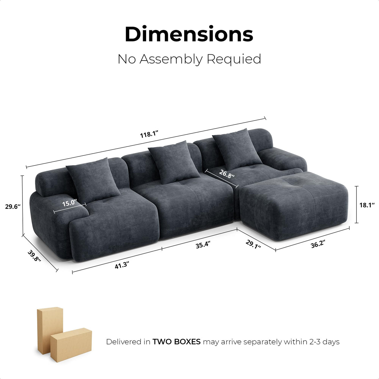 LIKIMIO 118" Modern L-Shaped Modular Sectional Sofa for Living Room, Corduroy Upholstery Charcoal Blue, Oversized 3-Seater Couch with Deep Seat and Movable Ottoman – No Assembly LIKIMIO