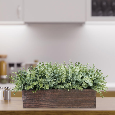 Winlyn 14" Artificial Eucalyptus in Rectangular Wood Planter Box Faux Plants Arrangement Centerpiece Wooden Potted Eucalyptus Plant for Farmhouse Wedding Dining Table Centerpiece Greenery Mantel Décor Winlyn