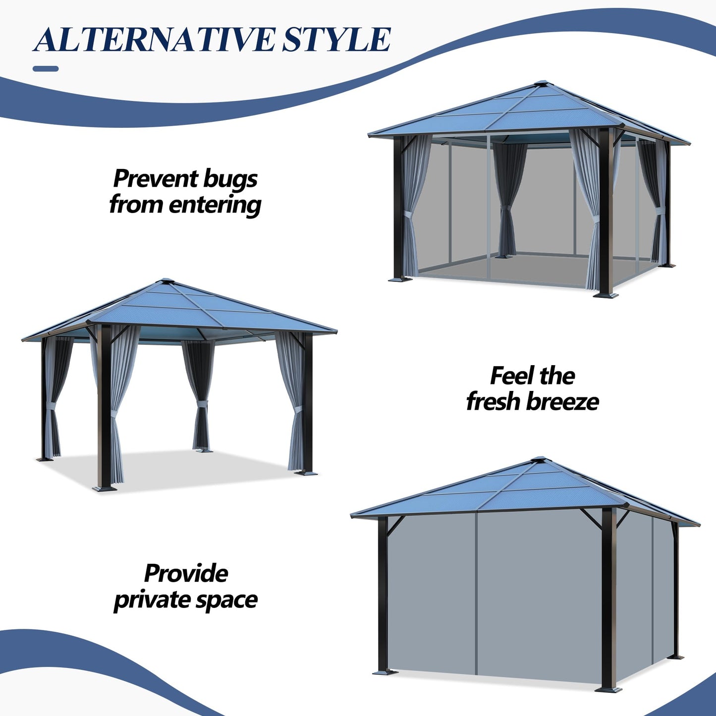 GARTOO 10'x10' Hardtop Gazebo, Outdoor Gazebo with Translucent Roof, Polycarbonate Top Metal Frame Garden Tent with Breathable Mesh and Privacy Curtains for Patio Lawn Garden Backyard, Gray