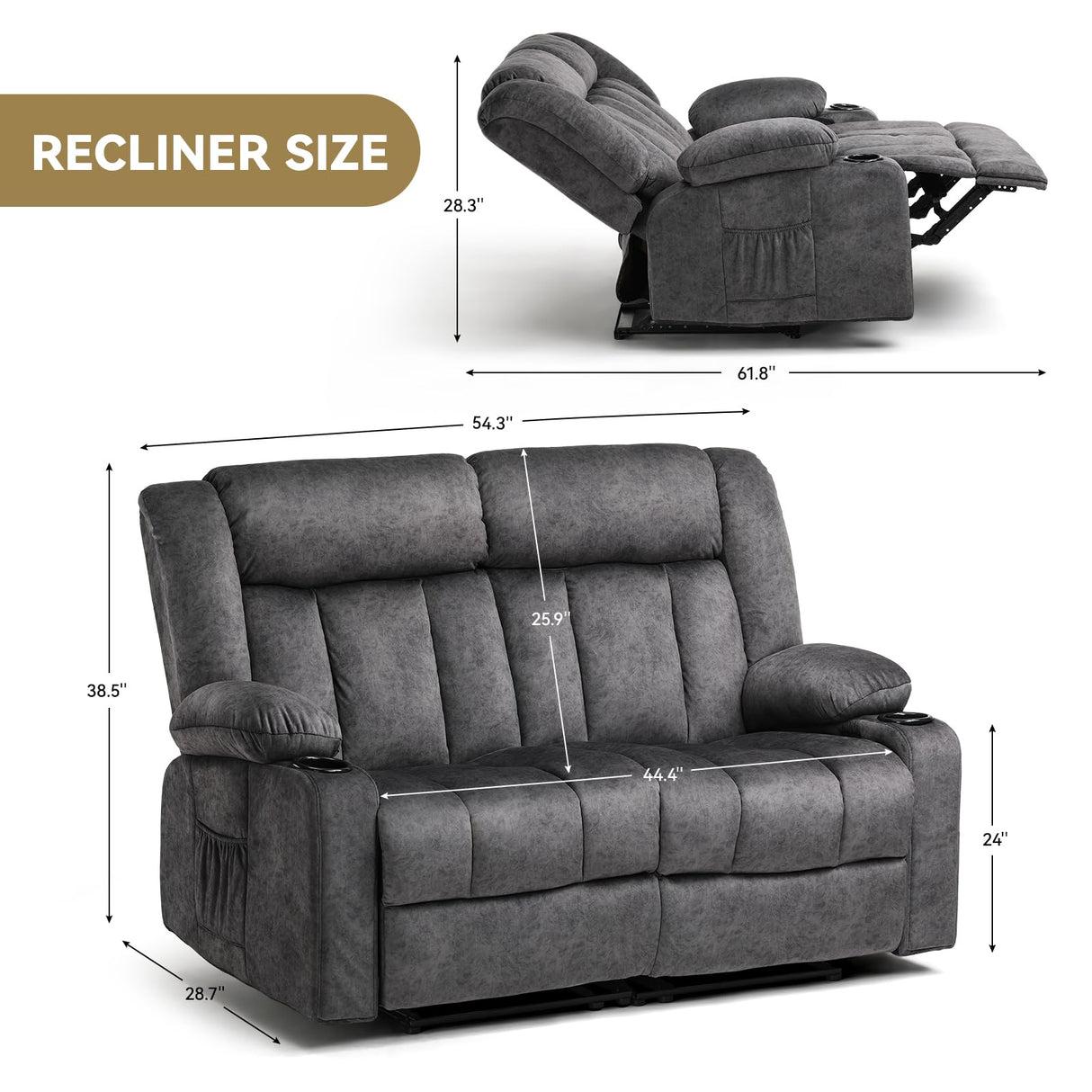 COMHOMA Manual Recliner Couch，Fabric Reclining Sofa Chair with Cup Holders, Upholstered ReclinerChair Set with Side Pockets Suitable for Living Room Furniture (2) COMHOMA