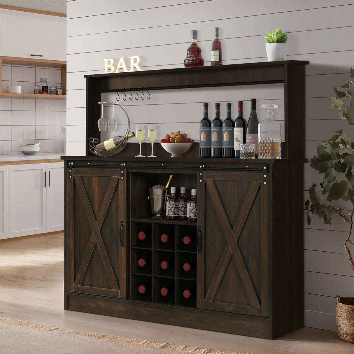 Farmhouse Coffee Bar Cabinet with 6 Hooks, 47 Inch Coffee Bar Hutch with 9 Wine Racks, Coffee Bar Table with Sliding Barn Door, Wine Bar with Adjustable Shelves for Dining Living Room, Dark Oak 4ever2buy
