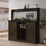 Farmhouse Coffee Bar Cabinet with 6 Hooks, 47 Inch Coffee Bar Hutch with 9 Wine Racks, Coffee Bar Table with Sliding Barn Door, Wine Bar with Adjustable Shelves for Dining Living Room, Dark Oak 4ever2buy