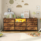 Loomie 63 Inch Dresser for Bedroom, Wide Long Fabric Dresser with LED Lights & 8 Drawers, Large TV Stand for 55, 65, 70 Inch TV, Entertainment Center with Storage (Rustic Brown) Loomie