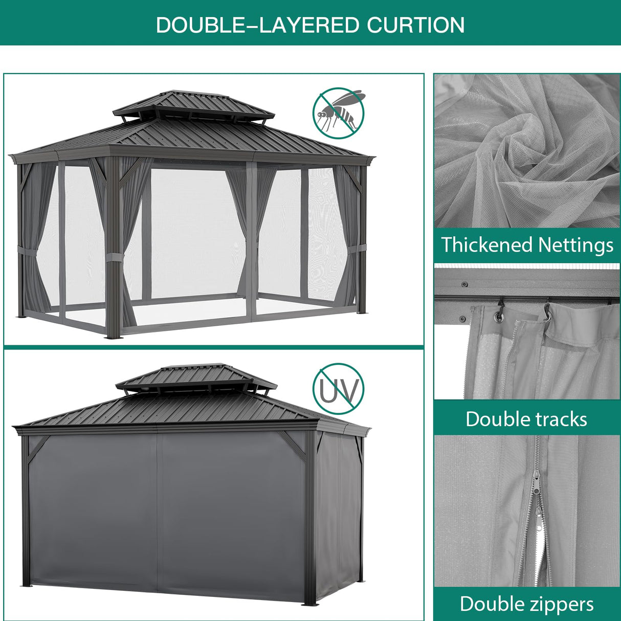 GAOMON 12x14ft Hardtop Gazebo, Heavy Duty Double Roof Outdoor Garden Galvanized w/Nettings Curtains Steel Combined of Horizontal Vertical Stripes Roof for Patio, Backyard, Deck, Lawns (Gray) GAOMON