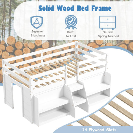 KOMFOTT Low Loft Bed with LED Light & 2 Bookcases, Wood Kids Twin Bed with Under-Bed Play Space, Stairs & Guardrails, No Box Spring Needed, Modern Low Loft Bed Frame, White KOMFOTT