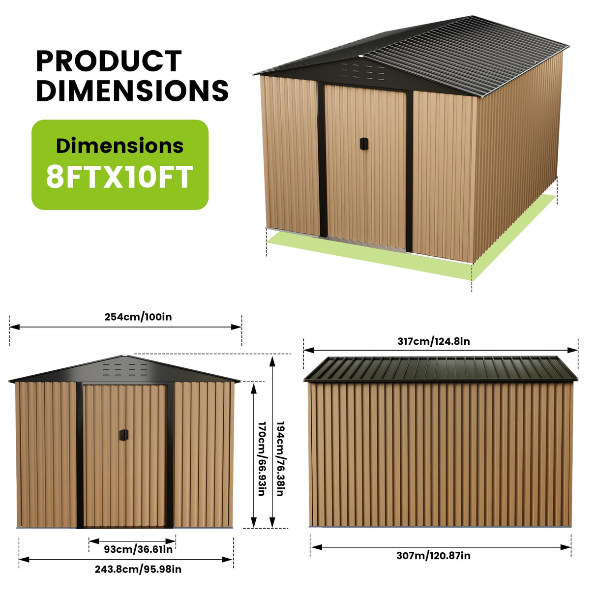 Outdoor Storage Shed, 10 x 8 FT Utility Tool Shed, Metal Storage Garden Shed with Door & Lock for Patio Storage, Brown CuisinSmart