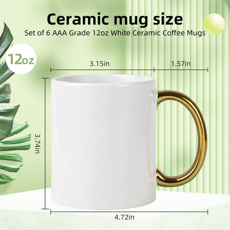 BYCNZB 12 oz Set of 6 White Mugs Sublimation Blank Mugs DIY Coated Ceramic Mugs for Coffee Tea, latte, Cappuccino Cocoa or DIY Gifts White/Gold BYCNZB