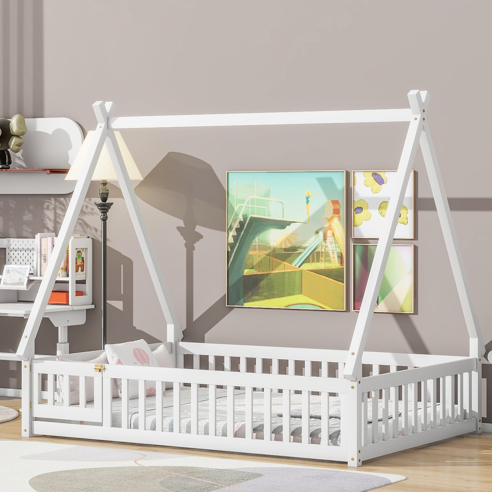 Full Size Teepee Tent Floor Bed with Guardrails & Door for Kids - White Wood Montessori Frame - WoodArtSupply