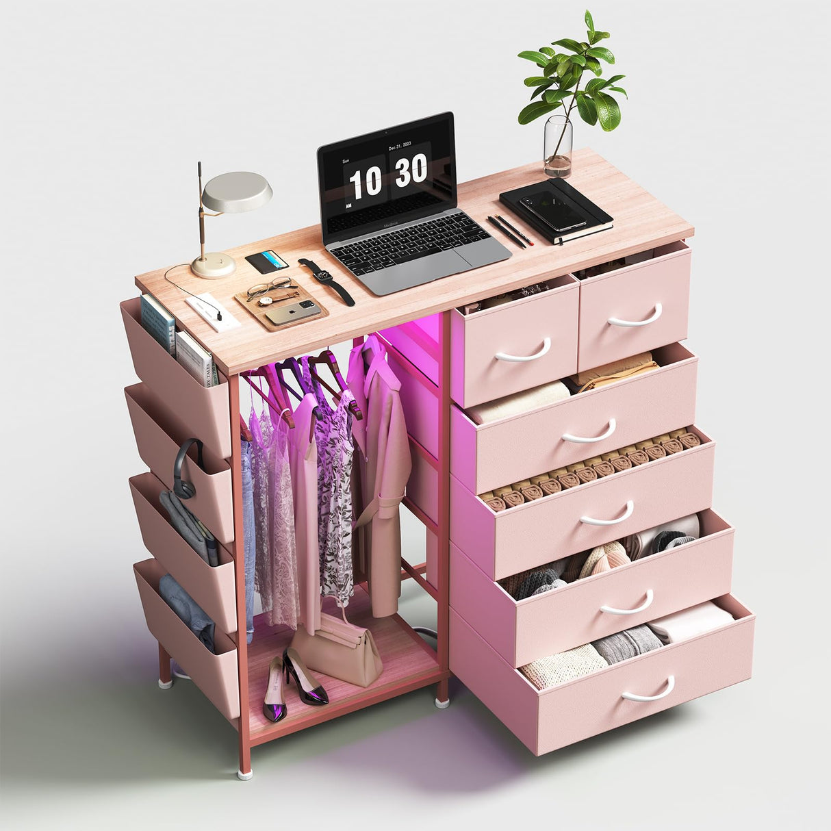WODRAWER 6 Drawer Dresser for Bedroom with Clothes Rack, Clothes Dresser with Side Pockets and Hooks, Charging Station & LED Lights, Wooden Top, Fabric Storage (Pink) WODRAWER