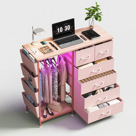 WODRAWER 6 Drawer Dresser for Bedroom with Clothes Rack, Clothes Dresser with Side Pockets and Hooks, Charging Station & LED Lights, Wooden Top, Fabric Storage (Pink) WODRAWER