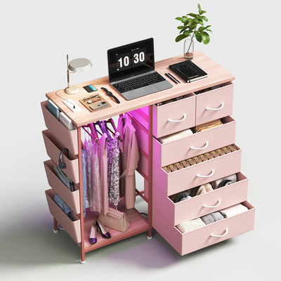 WODRAWER 6 Drawer Dresser for Bedroom with Clothes Rack, Clothes Dresser with Side Pockets and Hooks, Charging Station & LED Lights, Wooden Top, Fabric Storage (Pink)