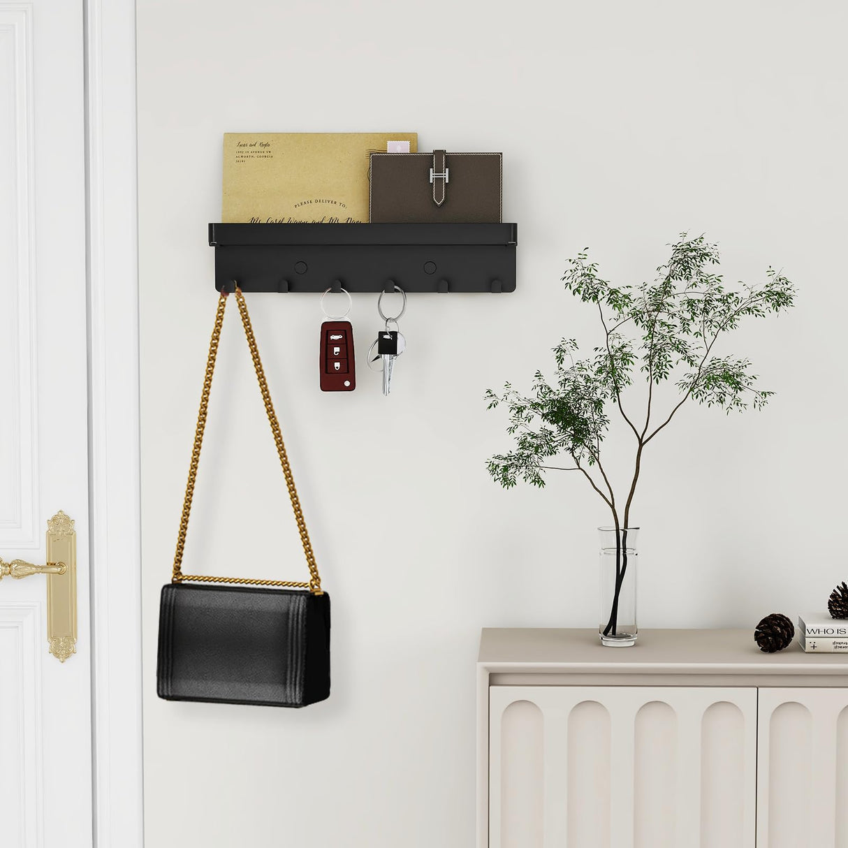 SZUGCOTD Key Holder for Wall Rustic Key and Mail Organizer 6 Key Hooks with Shelf Small Key Rack with Tray Adhesive Key Hanger Wall Mount for Entryway Hallway Living Room Decor, Metal, Matte Black SZUGCOTD