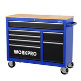 WORKPRO 42-Inch 7-Drawers Rolling Tool Chest, Mobile Tool Storage Cabinet with Wooden Top, Equipped with Casters, Handle, Drawer Liner, and Locking System, 1000 lbs Load Capacity WORKPRO