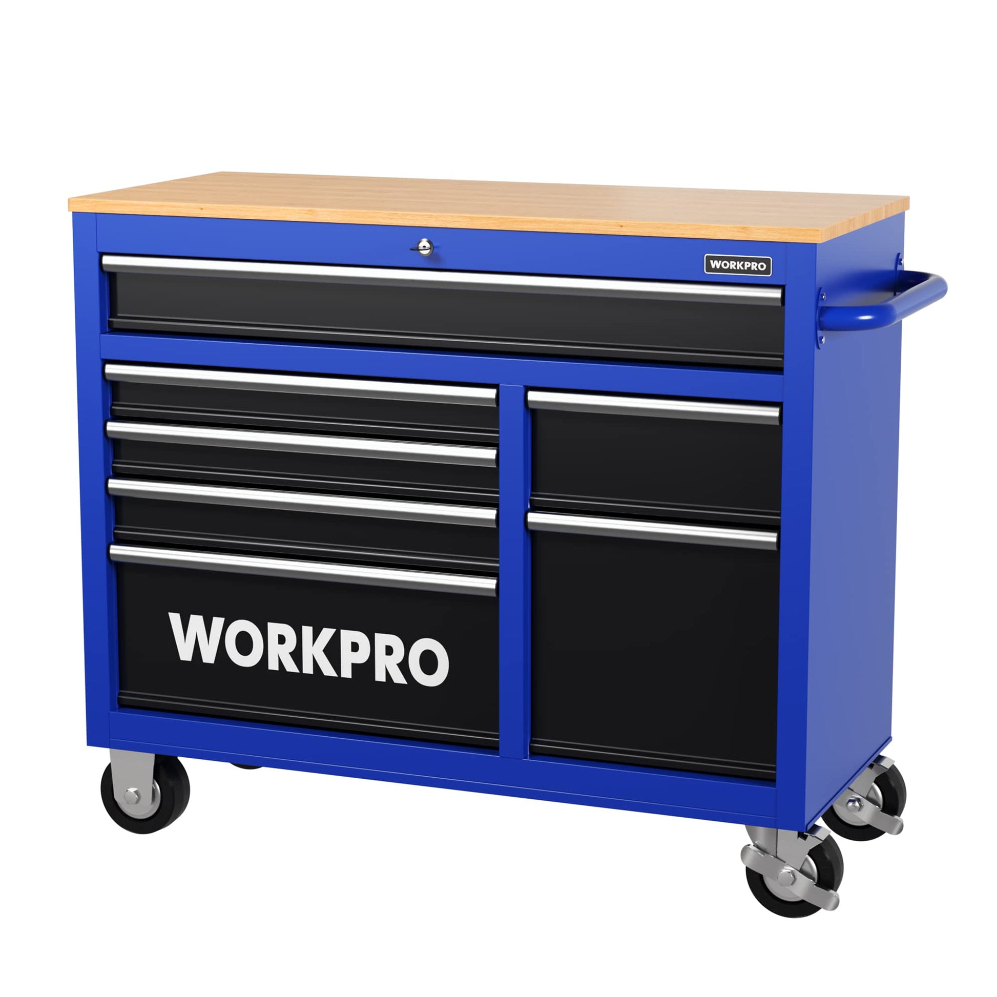 WORKPRO 42-Inch 7-Drawers Rolling Tool Chest, Mobile Tool Storage Cabinet with Wooden Top, Equipped with Casters, Handle, Drawer Liner, and Locking System, 1000 lbs Load Capacity - WoodArtSupply