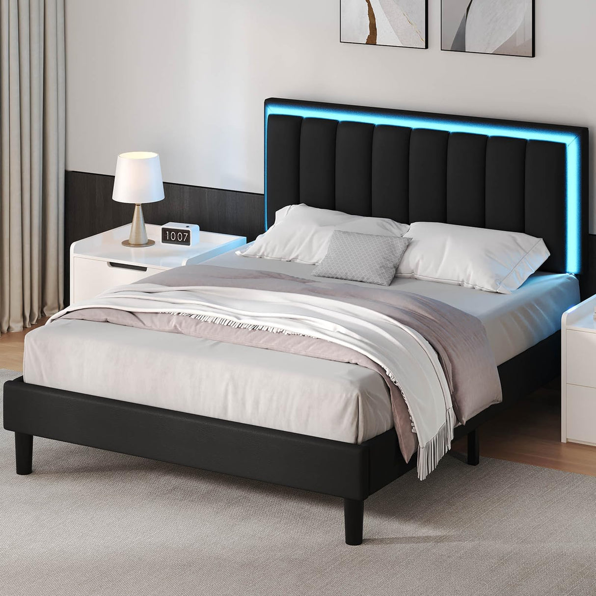 IMMERSTABLE Full Size Bed Frame, Upholstered Bed Frame with LED Lights, Platform Bed with Headboard, Heavy Duty Wood and Metal Slats Support, Noise-Free, No Box Spring Needed, Easy Assembly IMMERSTABLE