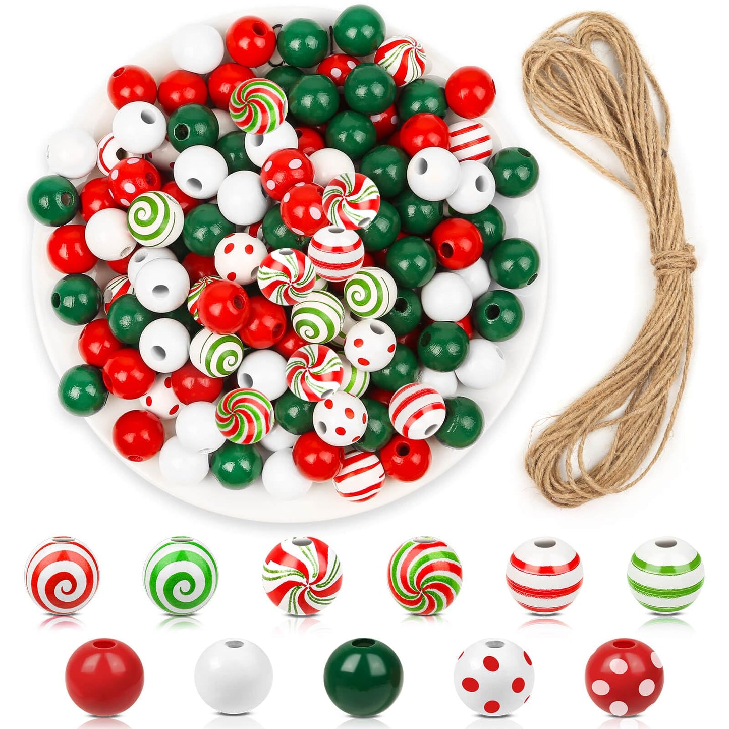 ROADPLUM 320 PCS Christmas Wooden Beads with Jute Twine, 16mm Wooden Christmas Beads in 11 Styles, Wooden Craft Beads with Holes for Christmas Party Holiday Decoration and Bracelet Making