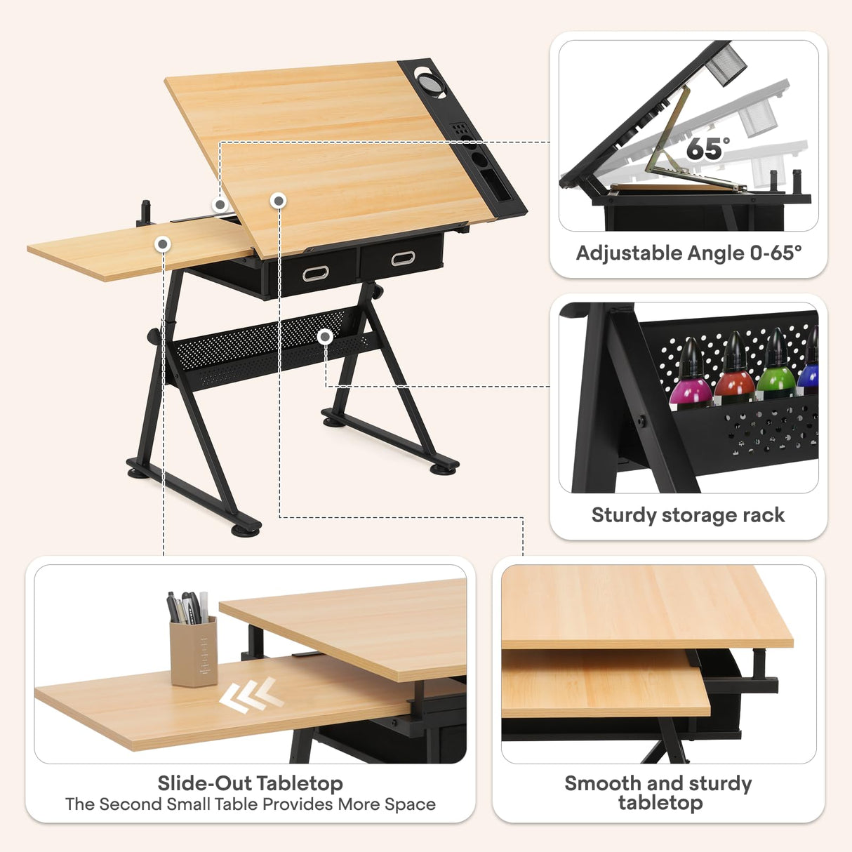 Athena Collection Drafting Table for Artists, Height Adjustable Drawing Table, Dual Desktop Art Desk Metal Frame Art Table Tiltable Craft Desk Paintings Work Station with Stool and Drawers, Natural Athena Collection