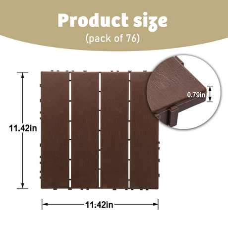 76 Pack Interlocking Deck Tiles, 11.42"x11.42" (68.80 Sq.Ft), 3D Wood Grain Plastic, Waterproof All-Weather Anti-Slip Outdoor Flooring, Easy-Snap Patio Balcony Backyard Garden Tiles, Brown UXENAFANA