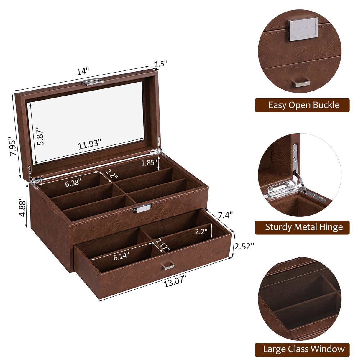 BEWISHOME Sunglasses Organizer, 12 Slots Sunglasses Case for Women Men, Eyeglasses Eyewear Display Case with Clear Glass Top, Faux Leather,Brown SSH48Z BEWISHOME