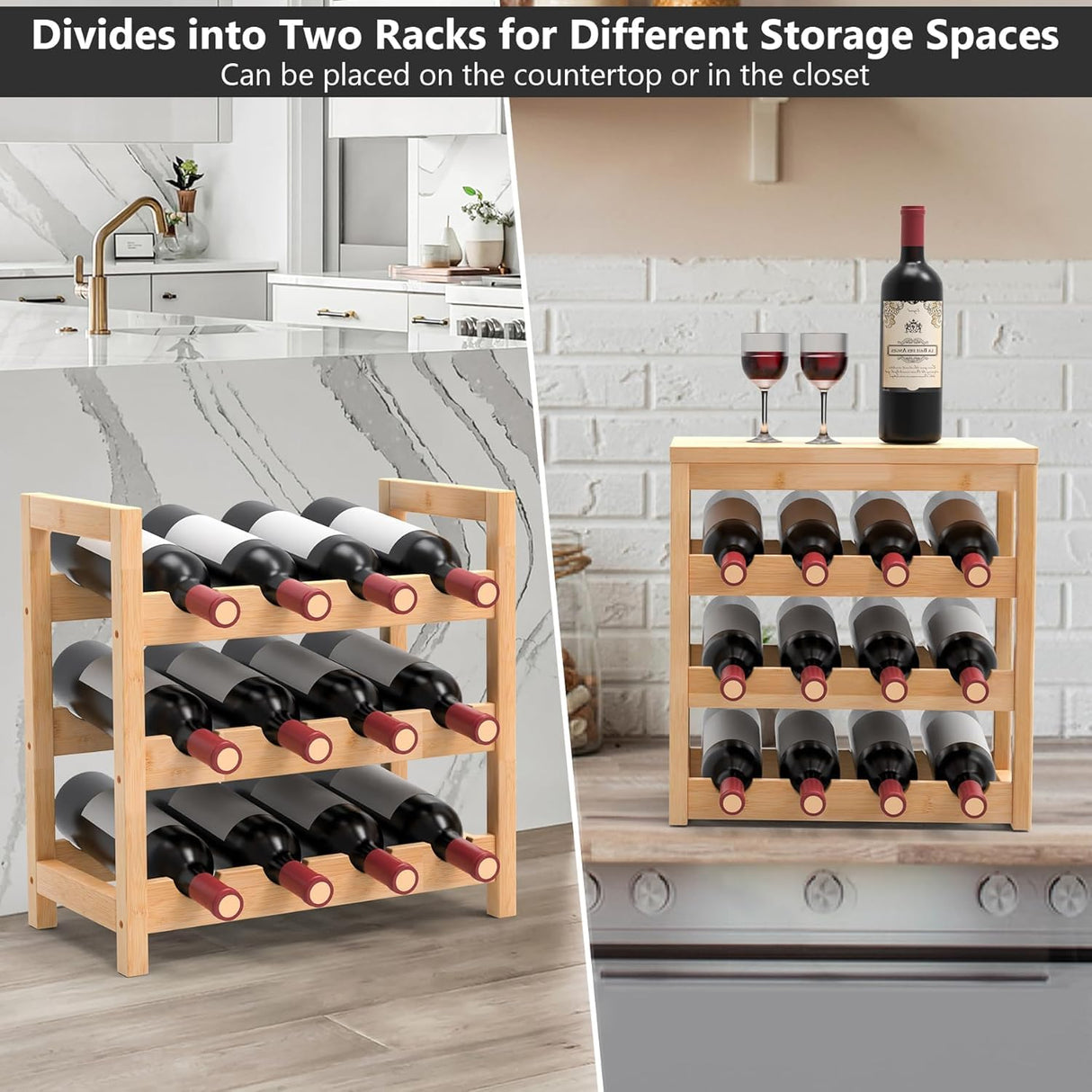 FoverOne 24-Bottle Wine Rack Freestanding Floor, 6 Tier Bamboo Wine Display Rack with Table Top, Wine Storage Shelf for Kitchen Dining Room Bar FoverOne