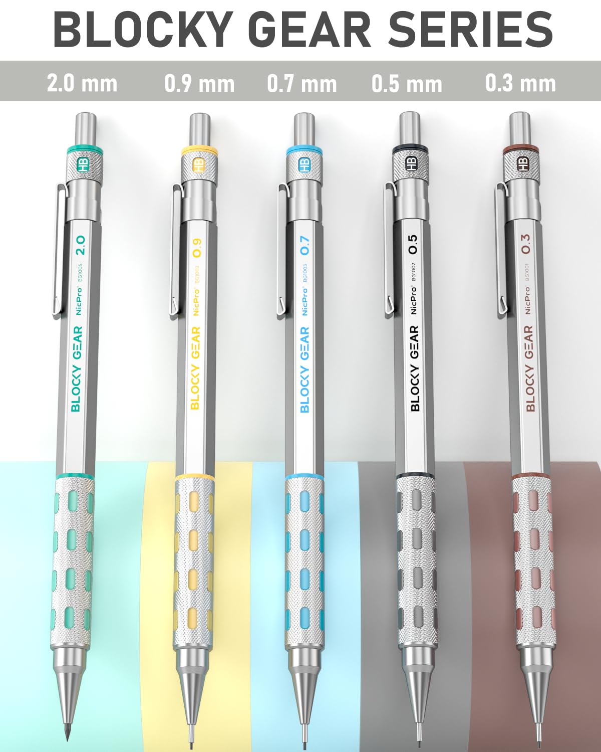 Nicpro 36PCS Blocky Gear Mechanical Pencil Set with Case, Metal Mechanical Pencils 0.3, 0.5, 0.7, 0.9, 2mm Lead Holder for Art Drawing Sketching with 21 Tubes (6B 4B 2B HB 2H 4H Colors) Lead Refills Nicpro