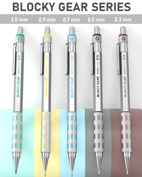Nicpro 36PCS Blocky Gear Mechanical Pencil Set with Case, Metal Mechanical Pencils 0.3, 0.5, 0.7, 0.9, 2mm Lead Holder for Art Drawing Sketching with 21 Tubes (6B 4B 2B HB 2H 4H Colors) Lead Refills Nicpro