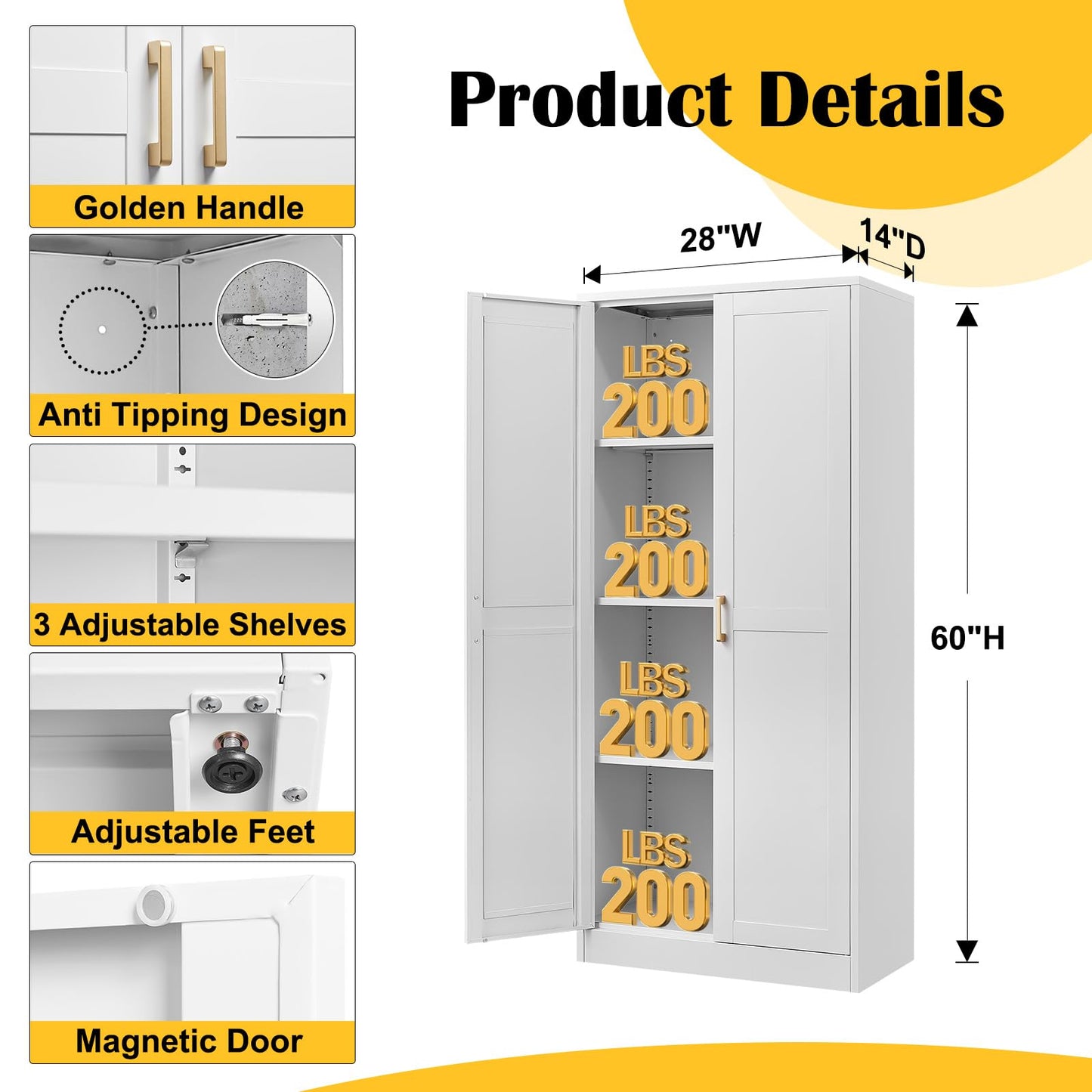 Kitchen Cabinet Storage,60”Metal Pantry Cabinet with Doors and 3 Adjustable Shelves,Food Pantry Cabinets with 2 Gold Handles,White Tall Storage Cabinet for Livingroom,Pantry,Bathroom,Kitchen - WoodArtSupply