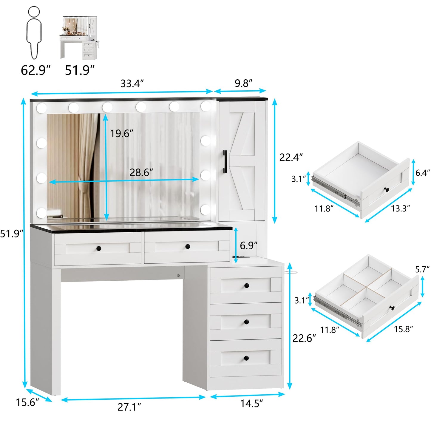 PAKASEPT Farmhouse Vanity Makeup Desk with Mirror and Lights, Glass Tabletop Vanity Desk with Drawers, Charging Station, Cabinet, Modern Vanity Table with Storage Bench for Bedroom, White - WoodArtSupply