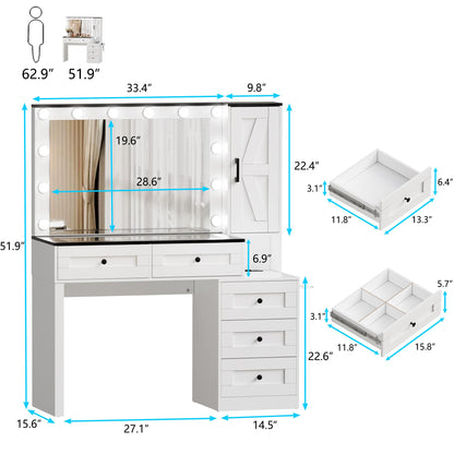 PakaLife Vanity Desk with Mirror and Lights, Glass Tabletop Makeup Vanity with Drawers, Charging Station, Cabinet, Farmhouse Vanity Table with Storage Bench for Bedroom, White - WoodArtSupply