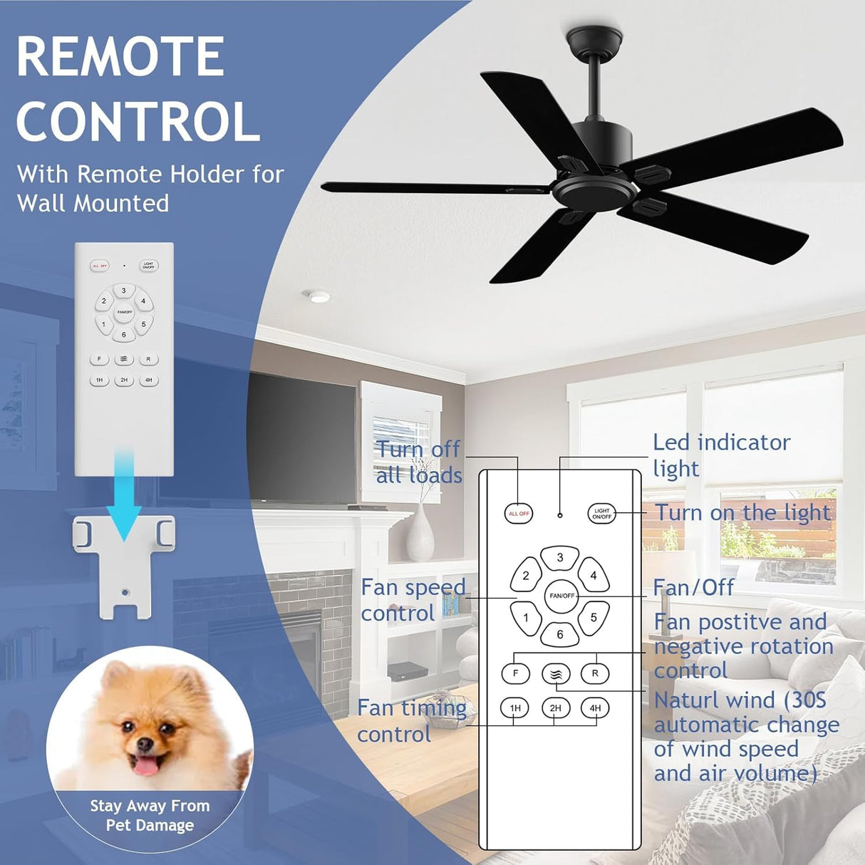 52 Inch Ceiling Fan No Light - Outdoor Indoor Flush Mount Low Profile DC Motor Fan with Remote, 5 Blades Reversible Silent Fan for Patio, Bedroom, Living Room, Garage Biukis