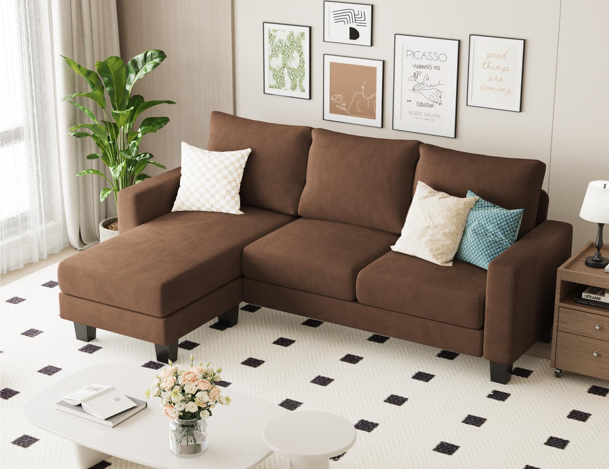 Homall Sofa for Living Room, Couch with Convertible Chaise, 3 Seat L-Shaped Sofas, Comfy Fabric Couches for Apartment, Small Space, Elegant Brown Homall