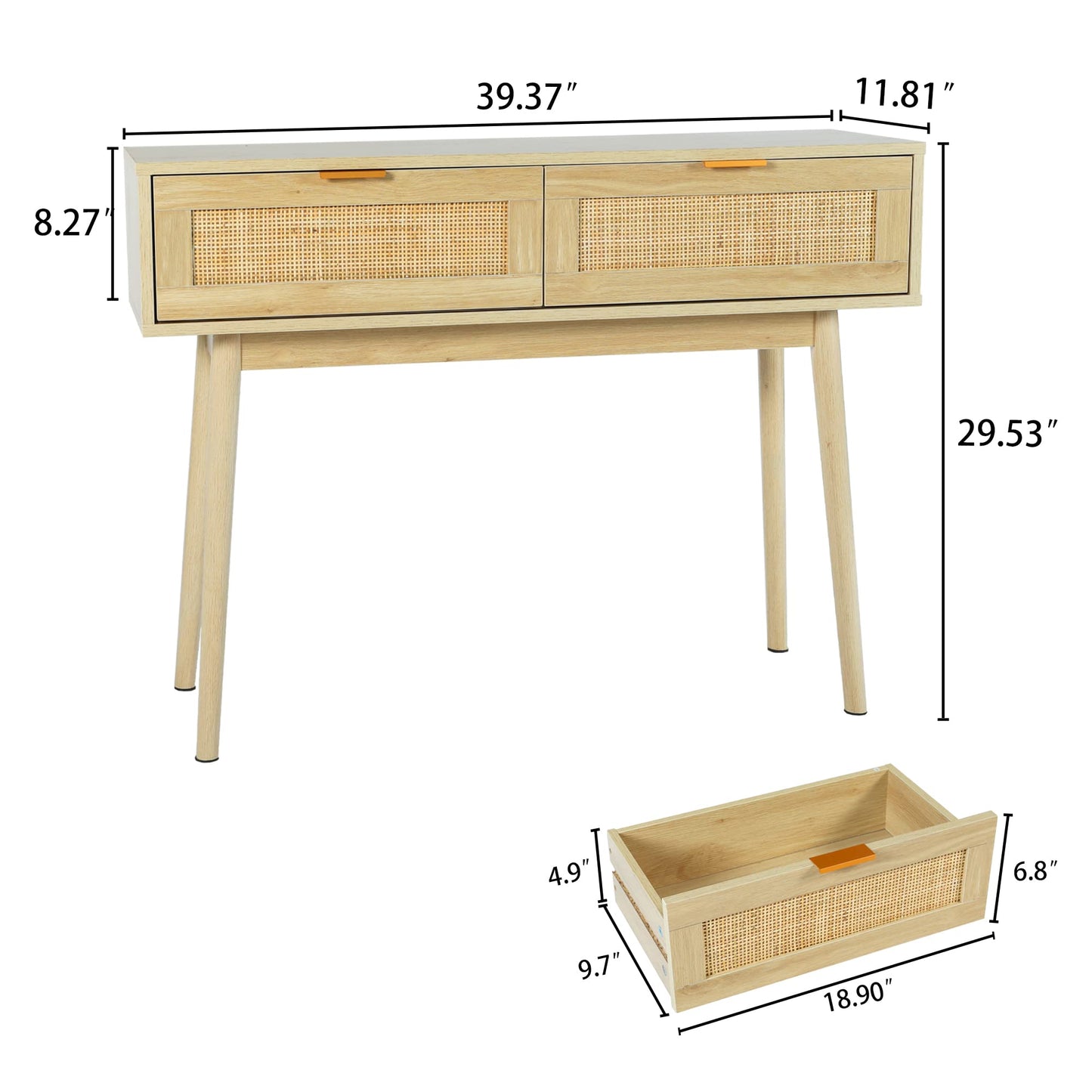 DOALBUN OKL 39" Console Table, Oak Entryway Table with 2 Rattan Drawers, Sofa Table with Wood Frame and Bamboo Storage Shelf, Rustic Hallway Table for Living Room Foyer Entryway (Natural)