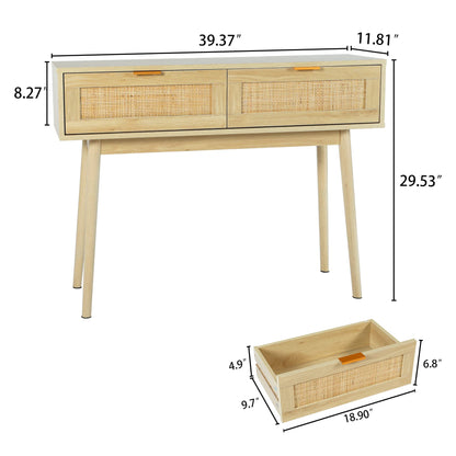 DOALBUN OKL 39" Console Table, Oak Entryway Table with 2 Rattan Drawers, Sofa Table with Wood Frame and Bamboo Storage Shelf, Rustic Hallway Table for Living Room Foyer Entryway (Natural)