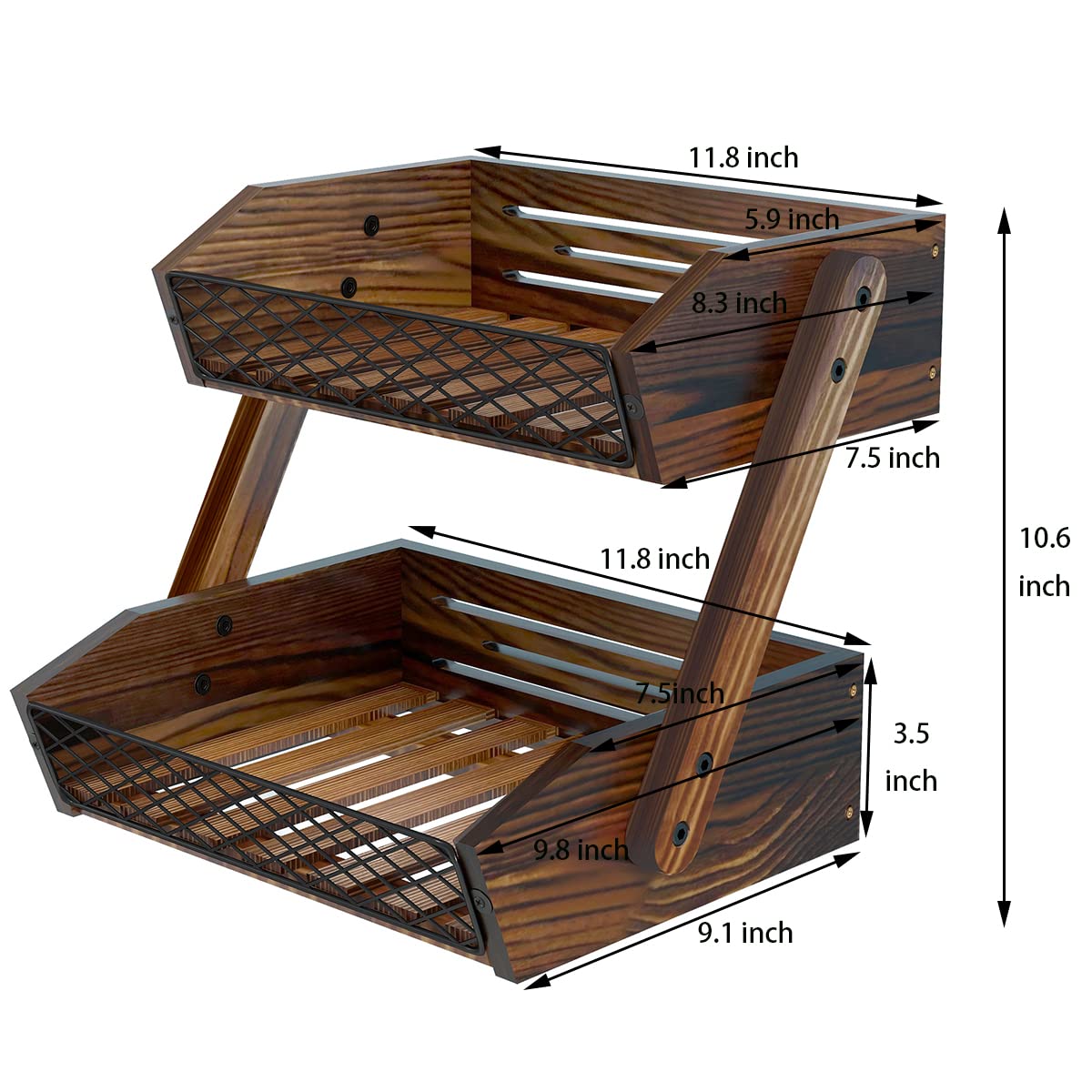 Dorhors Fruit Basket for Kitchen, 2 Tier Fruit Bowl,Kitchen Counter Organizer,Wooden Vegetable Holder for Countertop,Bread Storage Basket Stand